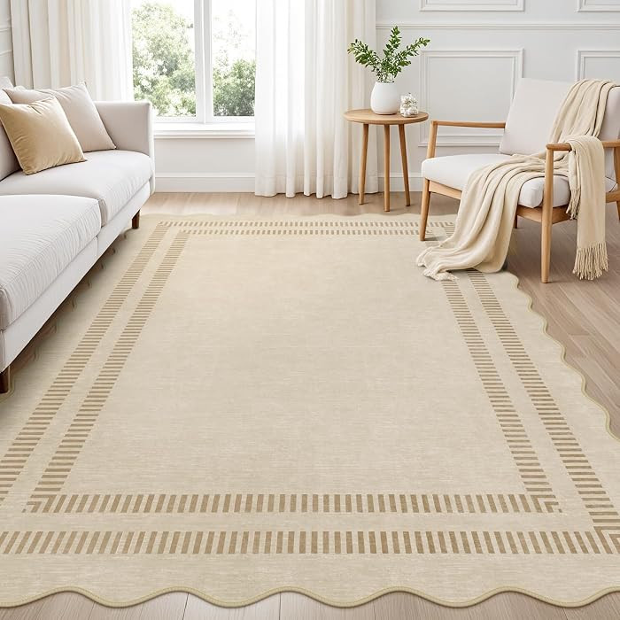 Washable Rug 5x7 Area Rugs for Living Room, Solid Khaki Rug Non Slip Scalloped Throw Mat with Rub... | Amazon (US)