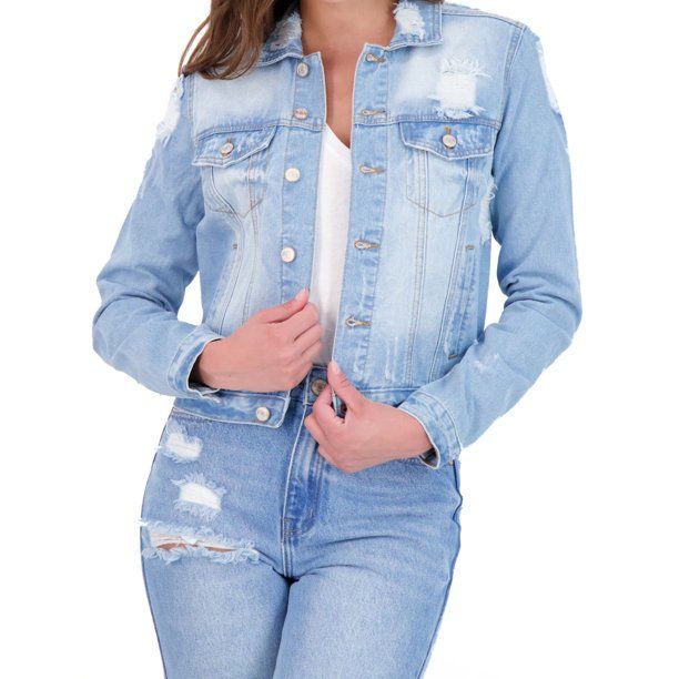 Gogo Jeans Women's Juniors Destructed Denim Jacket - Walmart.com | Walmart (US)