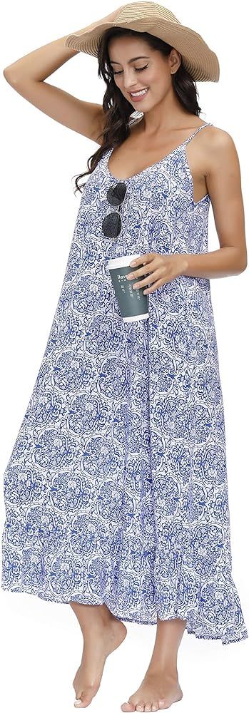 BUENOS NINOS Women's V Neck Floral Maxi Dress Boho Printed Adjustable Spaghetti Strap Ethnic Beac... | Amazon (US)