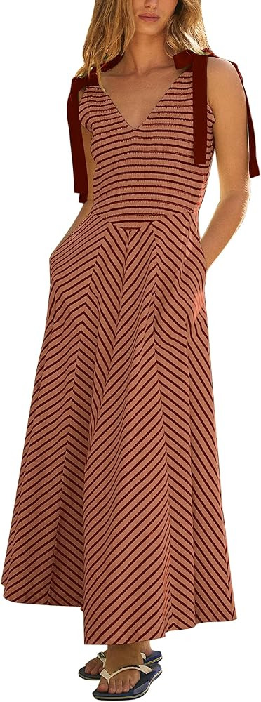 Smocked Sleeveless Striped Maxi Dress Women Sexy V Neck Tie Strap Tiered Long Dress Flowy Tank To... | Amazon (US)
