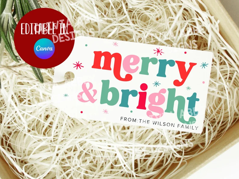 Printable Merry & Bright Christmas Gift Tag, Editable Christmas Gift Tag, Colorful Christmas Bag ... | Etsy (US)