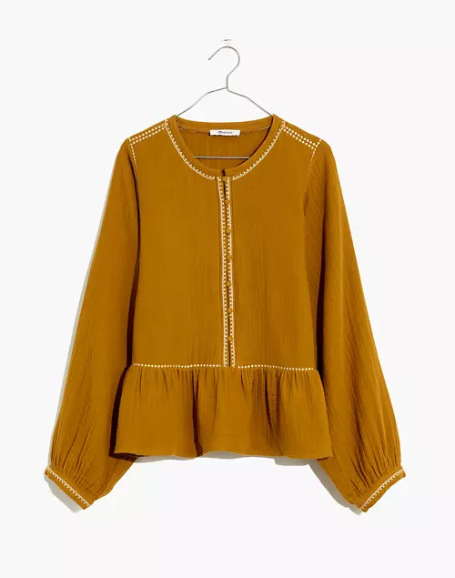 Embroidered-Trim Lightspun Covered-Button Top | Madewell