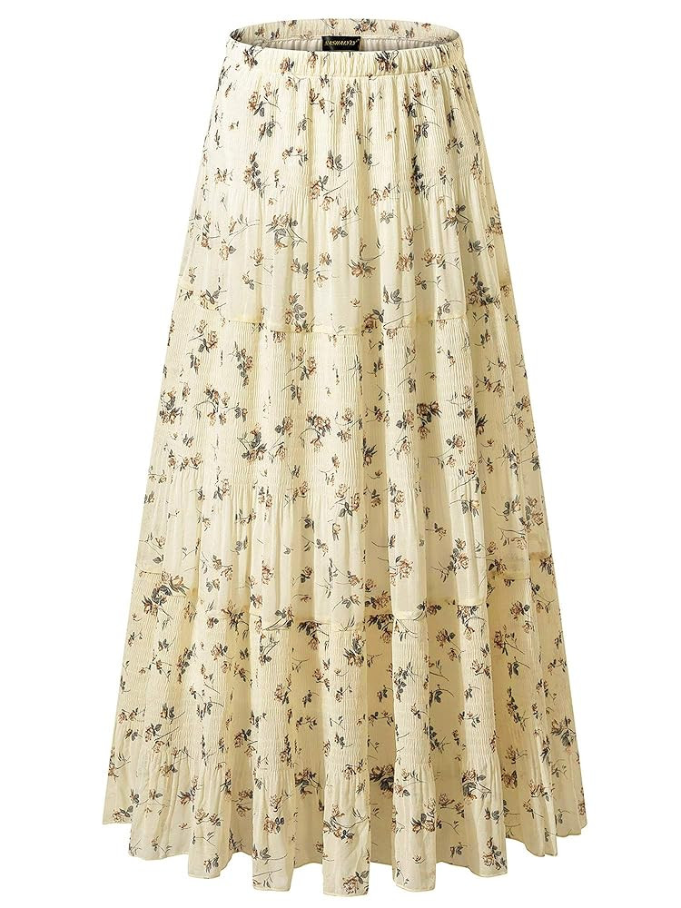NASHALYLY Women's Chiffon Elastic High Waist Pleated A-Line Flared Maxi Skirts | Amazon (US)