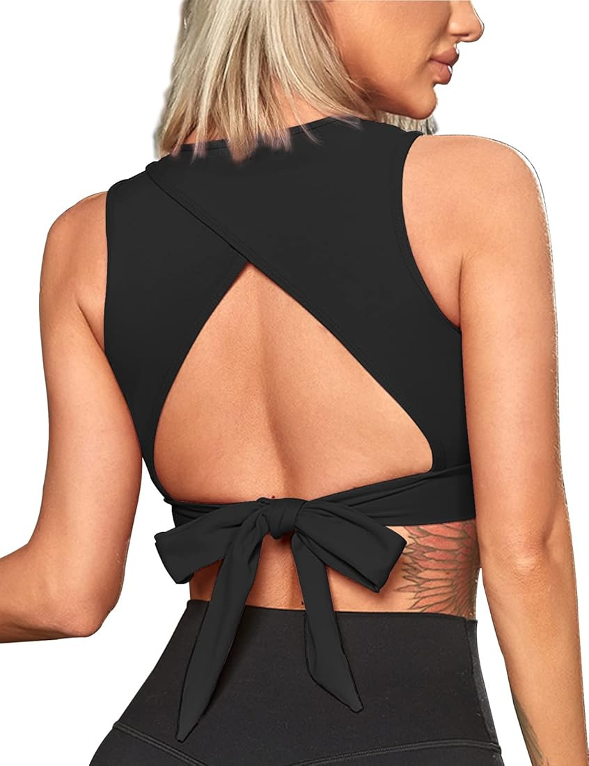 Womens Open Back Sports Bra High Neck Sports Top Longline Sports Bra Workout Tops Crop Yoga Gym T... | Amazon (US)