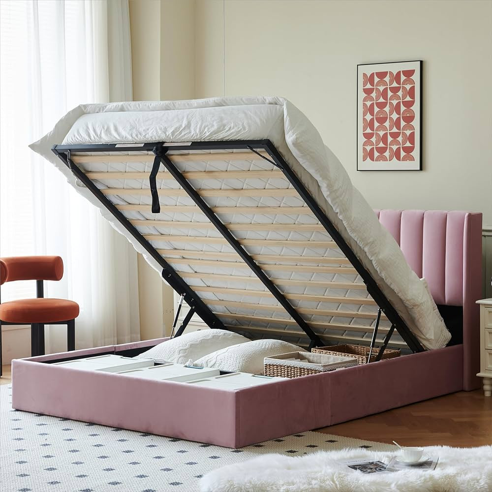 YUHUASHI Queen Size Hydraulic Storage Bed, Upholstered Platform Bed Frame, Modern Wingback Design... | Amazon (US)