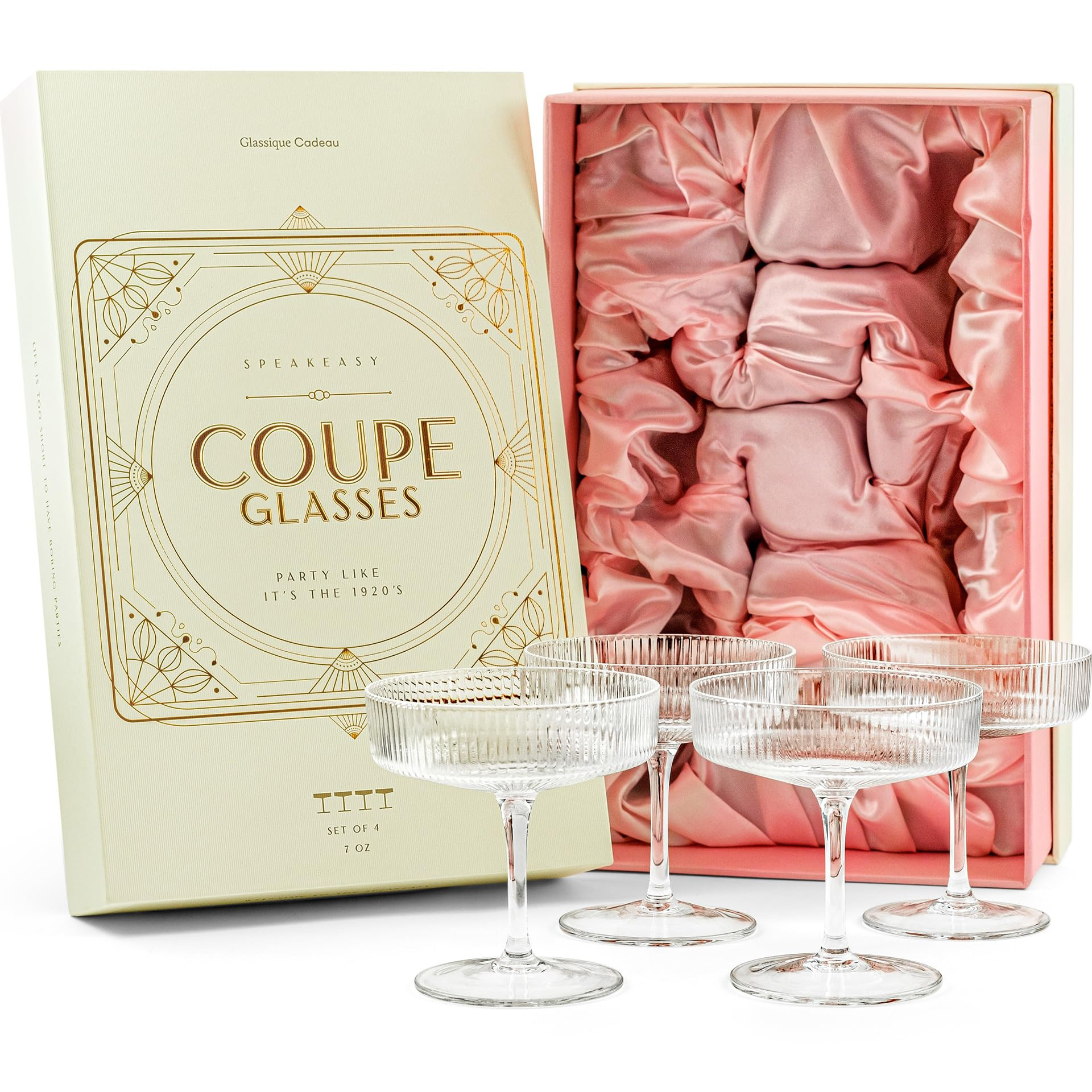Vintage Art Deco Coupe Glasses | Set of 4 | 7 oz Classic Cocktail Glassware for Champagne, Martin... | Amazon (US)