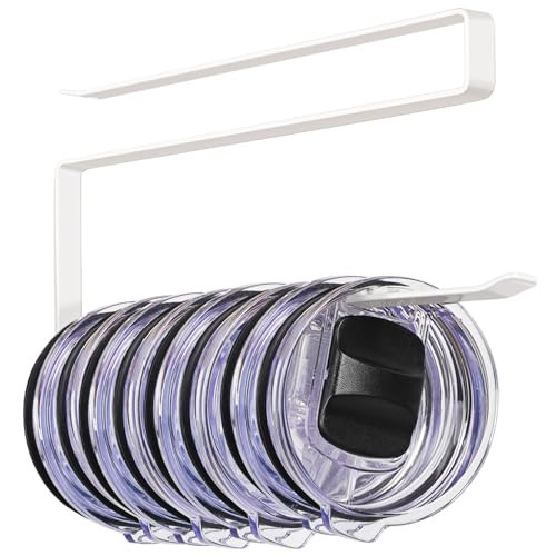 Tumbler Lid Organizer Under Cabinet, Tumbler Lid Storage Hook Up to 10 Lids, Cup Lid Organizer Space Saving Tumbler Lid Hanger for Kitchen Storage, Horizontal Paper Towel Hanger (White) | Amazon (US)