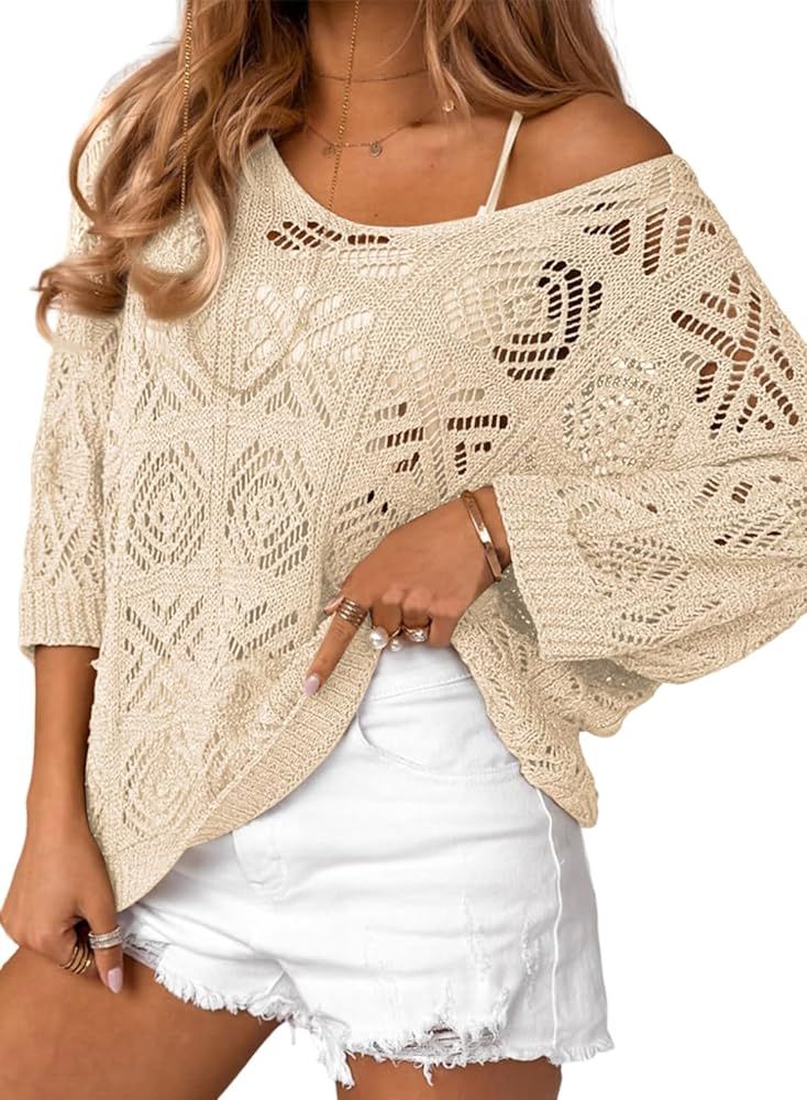 Dokotoo Women's 2024 Spring Summer Crochet Hollow Out 3/4 Sleeve Pullover Sweater Off Shoulder T-... | Amazon (US)