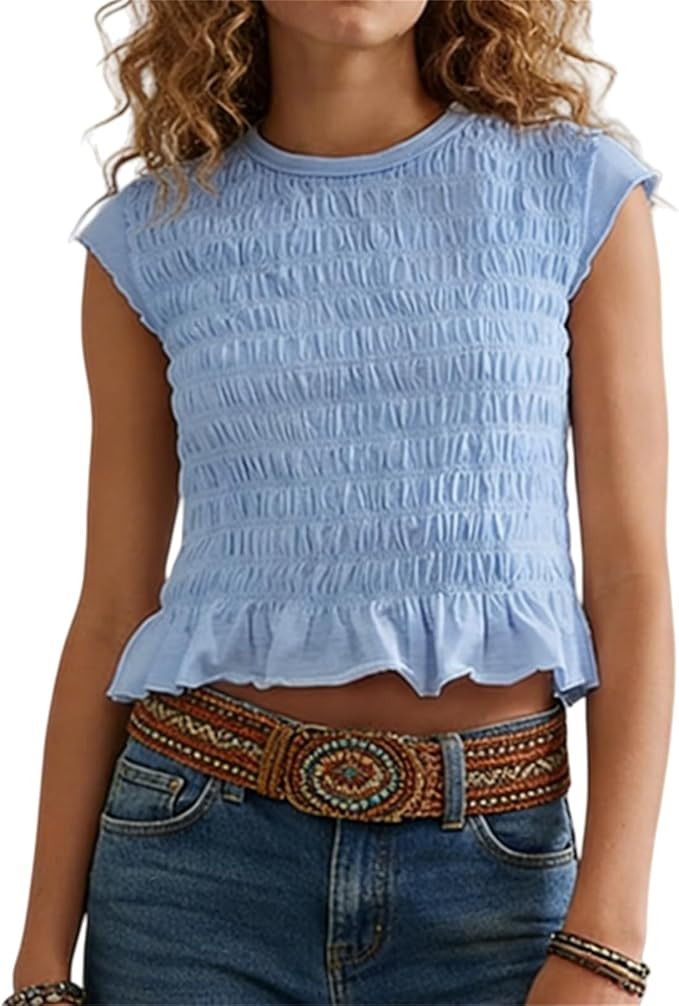 Women Tank top Summer Smocked Tops Cap Sleeve Ruffle Hem Shirred Shirt Y2k Going Out Tops Vacatio... | Amazon (US)