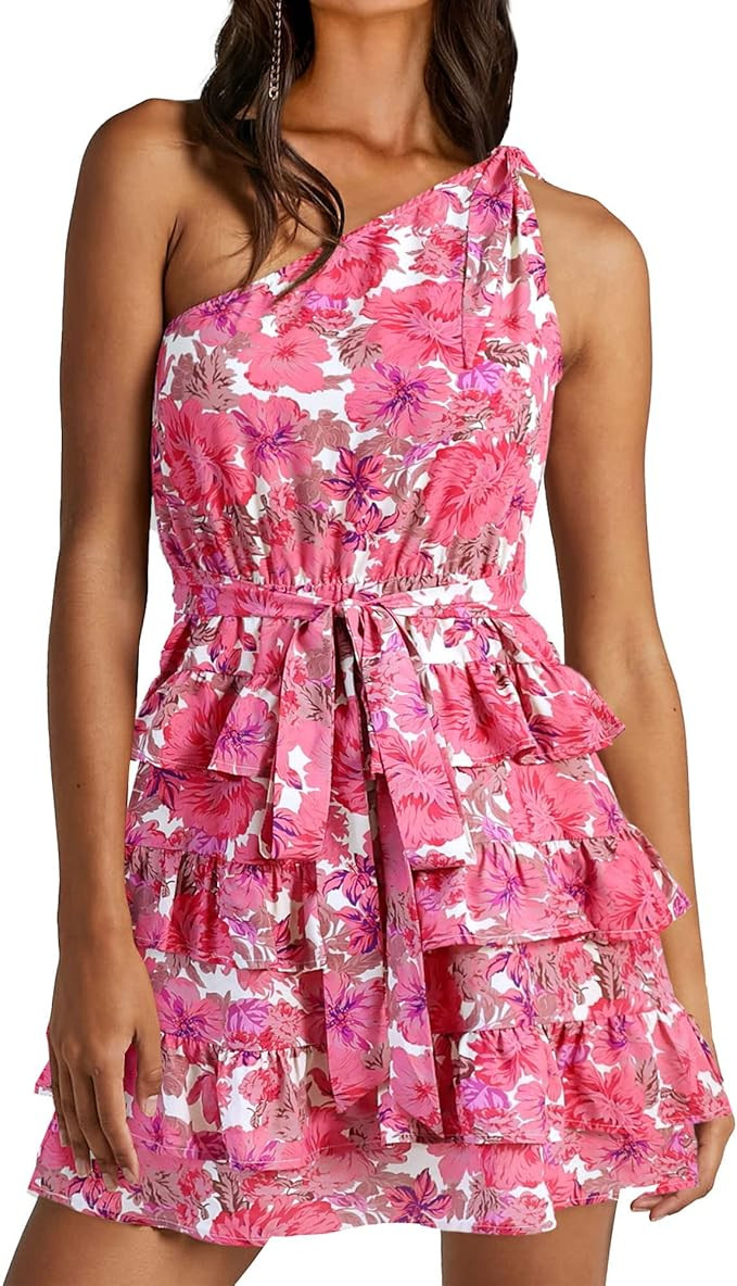 BTFBM 2023 Women One Shoulder Casual Summer Dresses Floral Boho High Waist Beach Ruffle Tiered A ... | Amazon (US)