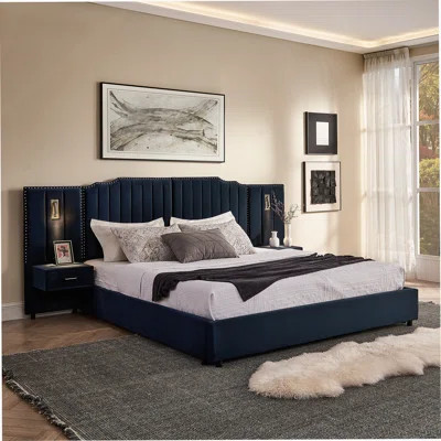 King Size Upholstered Platform Bed With Velvet Fabric, Vertical Stripe Design, Buttons, And Integrated Bedside Table - No Box Spring Needed | Wayfair North America