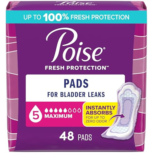 Poise Incontinence & Postpartum Pads for Bladder Leaks, 5 Drop Maximum Absorbency, Regular Length, 48 Count, Packaging May Vary | Amazon (US)