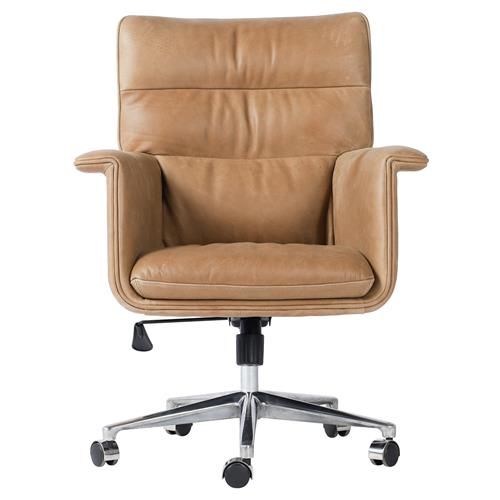 Arslan Industrial Loft Beige Upholstered Leather Swivel Executive Office Chair | Kathy Kuo Home
