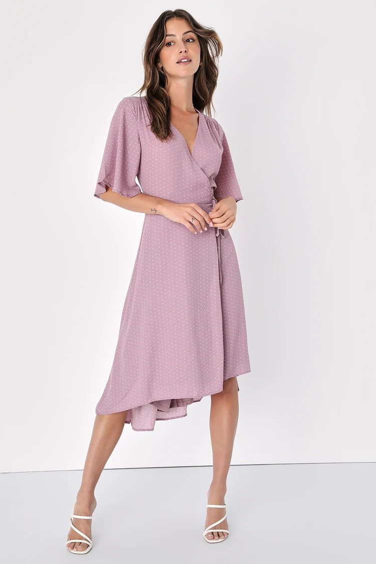 Farah Mauve Print Midi Wrap Dress | Lulus