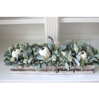 Farmhouse Fall DecorWood Box CenterpieceLong Fall Table CenterpieceLambs Ear and Creamy White Pumpkins in a White Wood Box | Etsy (US)