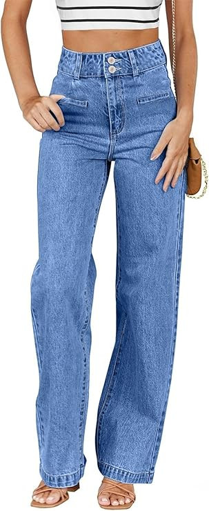 Sidefeel Women's Jeans High Waisted Straight Leg Stretchy Jeans Trendy Welt Pockets Loose Wide Le... | Amazon (US)