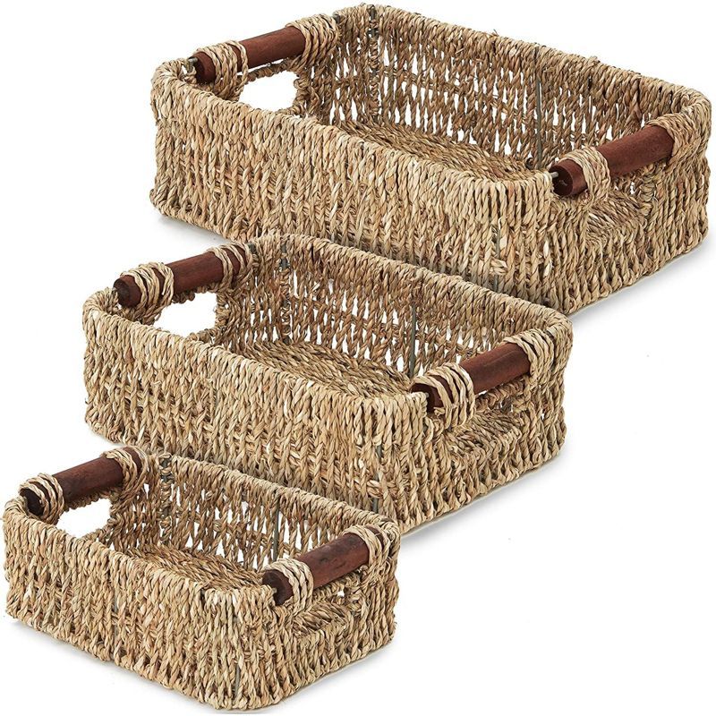 3-Pack Brown Rectangle Woven Wicker Storage Basket Container Organizer with Handles 6" / 7" / 8" | Target