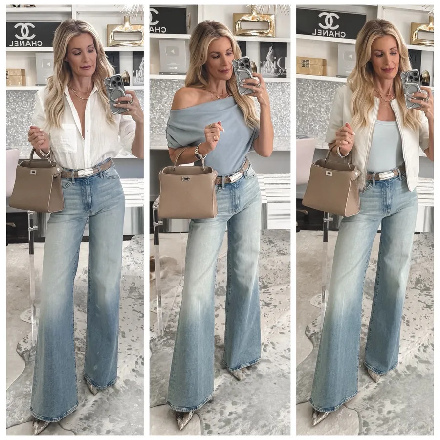The one accessory you need this spring 🤍✨ If you want to instantly elevate every outfit, it’s all about this gorgeous croc-embossed taupe belt from L’AGENCE. The neutral shade + vintage-inspired silver buckle = chic, timeless, and goes with everything. I styled it 3 easy ways for you👇🏼 Look 1: An effortless everyday vibe with a gauzy white button-down (under $50 🙌🏼) + my favorite Mother wide-leg jeans. These jeans are so flattering, crazy comfortable, and I own them in multiple washes for a reason. Look 2: Date night / girls’ night ✨ This soft off-the-shoulder light blue top (under $100) paired with the same jeans for an easy but elevated look. Look 3: Polished + chic 🤍 Added this ivory cropped jacket (such a good third layer!) to instantly pull everything together. Same jeans, same belt…three totally different vibes ✨ Everything runs true to size: XS in tops & jackets, 24 in jeans, XS in the belt. Trust me, this is the one piece you’ll wear on repeat all season 🤍  

 

#LTKgrwm #LTKootd #LTKOver40