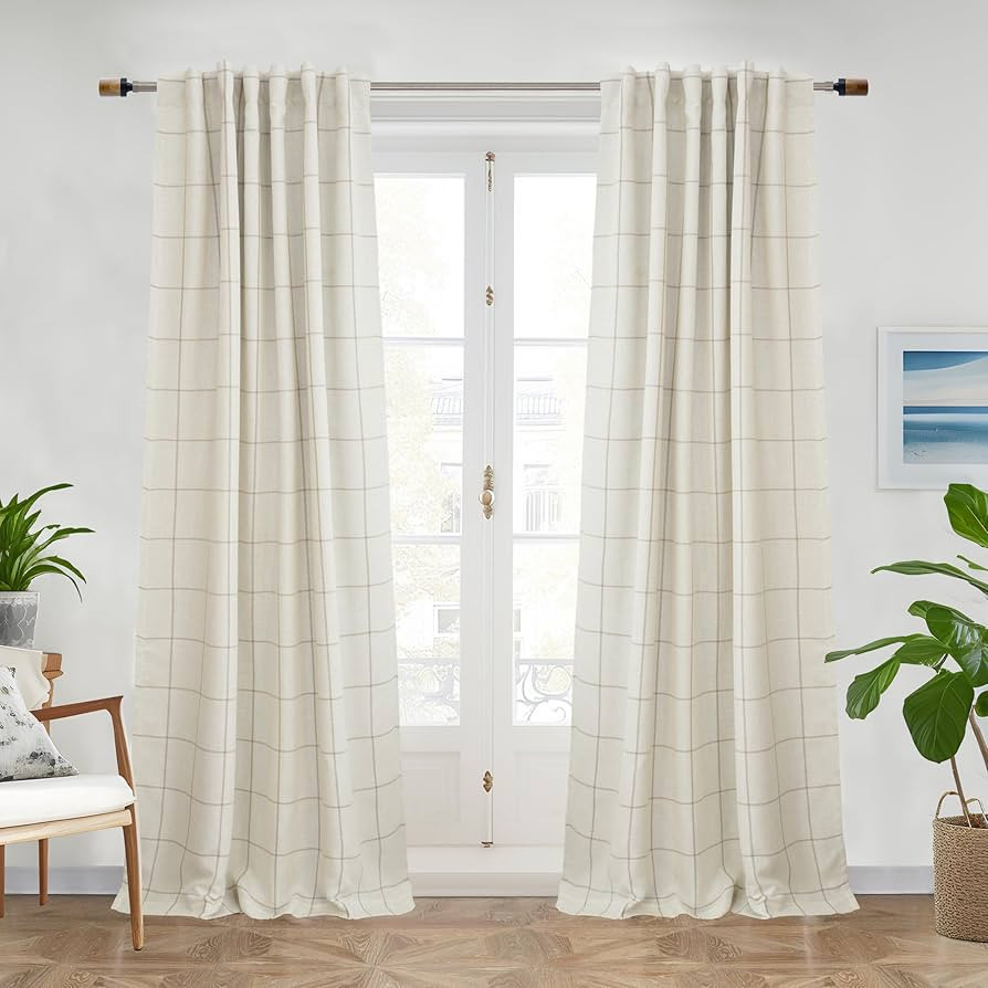 DriftAway 2 Panels 100% Blackout Windowpane Plaid Linen Curtains Double Layer Drapes for Bedroom ... | Amazon (US)
