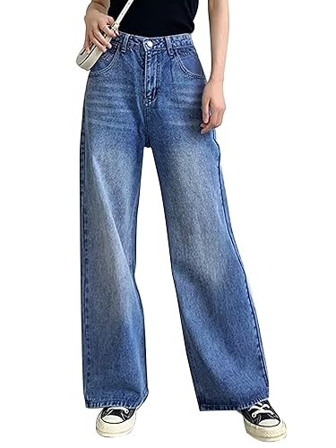 HDLTE Women's Wide Leg High Waist Baggy Jeans - Loose Boyfriend Stretchy Denim Pants - Y2K 90s Style - Bay Blue | Amazon (US)