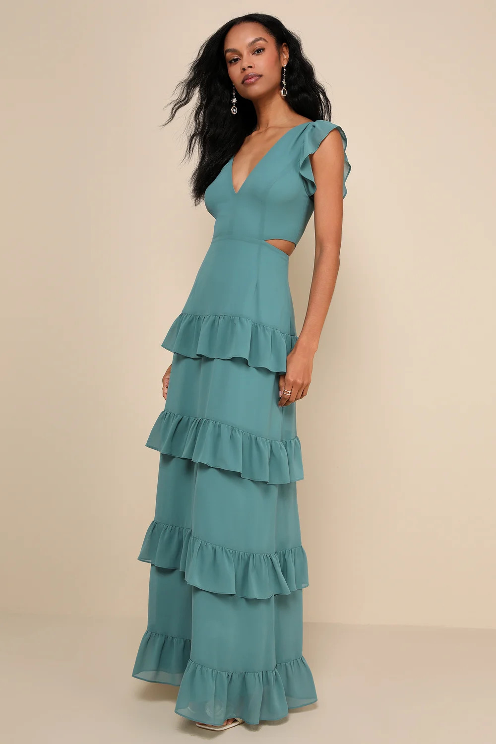 Elegant Mentality Teal Blue Ruffled Tiered Cutout Maxi Dress | Lulus