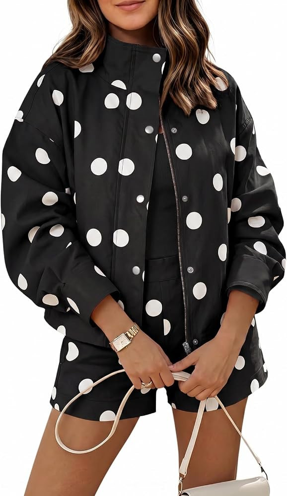 Tankaneo Womens 2 Piece Outfits Polka Dot Shorts Set Zip Up Cropped Jacket | Amazon (US)