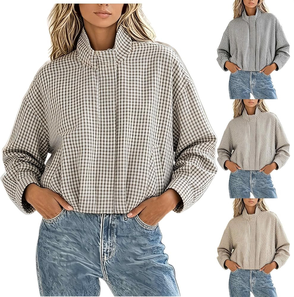 Womens Gingham Zipper Bomber Plaid Jacket Stand Collar Long Sleeve Cropped Coat with Pockets Draw... | Amazon (UK)
