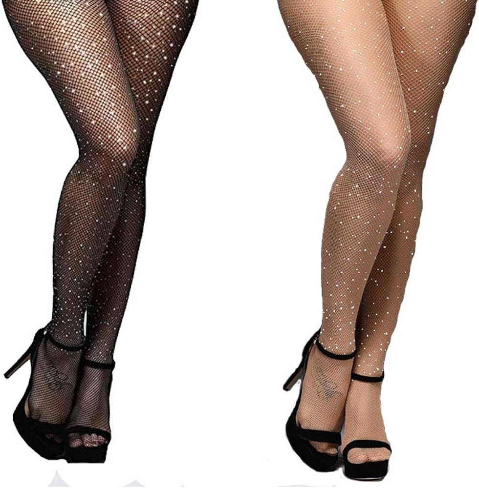 2Pairs Fishnet Stockings Rhinestone High Waist Tights Pantyhose Sparkle Glitter Crystal Small Mes... | Amazon (US)