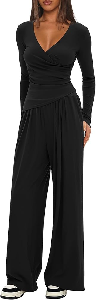 Darong Women's 2 Piece Lounge Outfits Sets Warp V Neck Long Sleeve Shirts and Wide Leg Pants Trac... | Amazon (US)