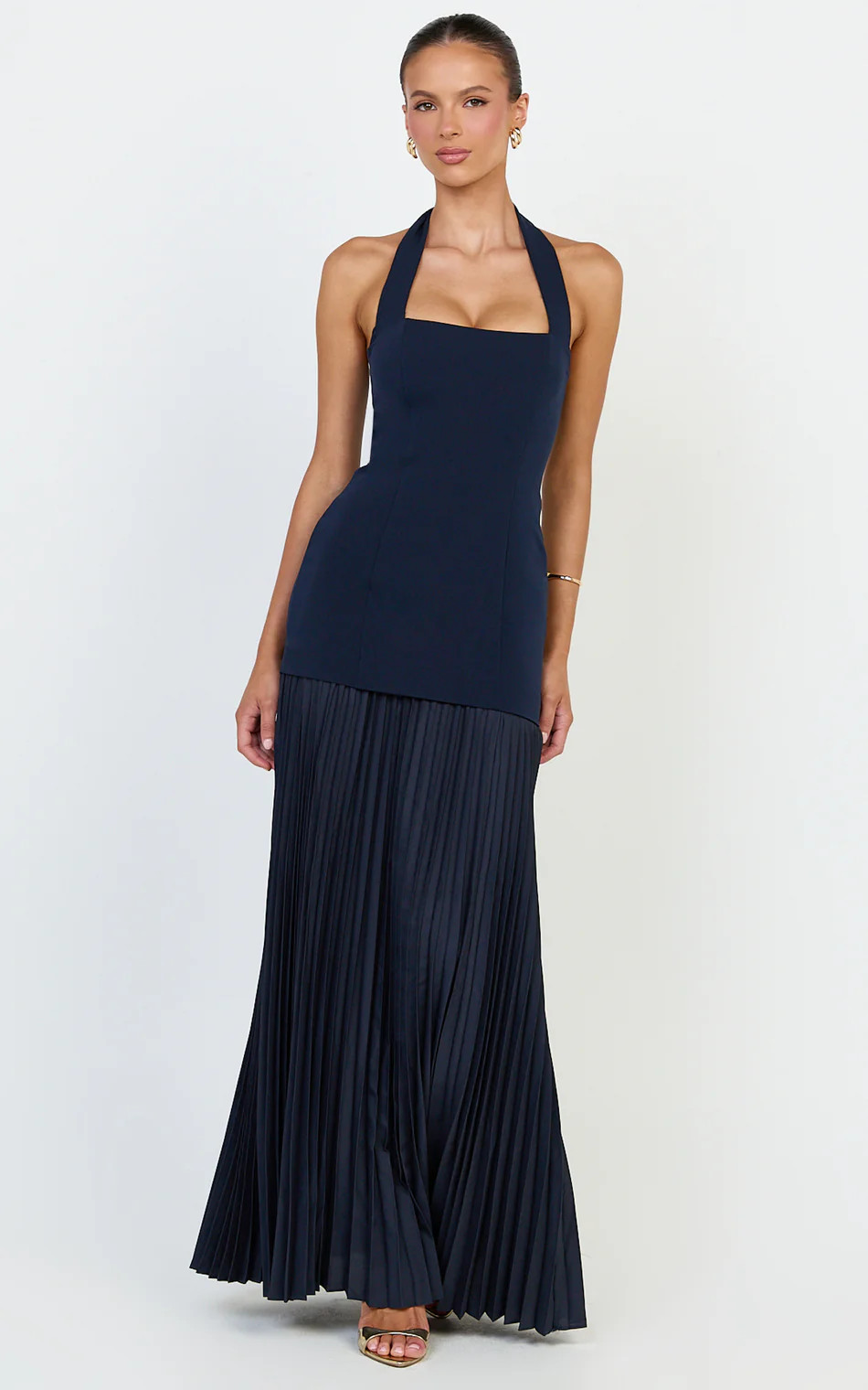 Contrast Halter Neck Pleated Dress in Navy | Showpo (US, UK & Europe)