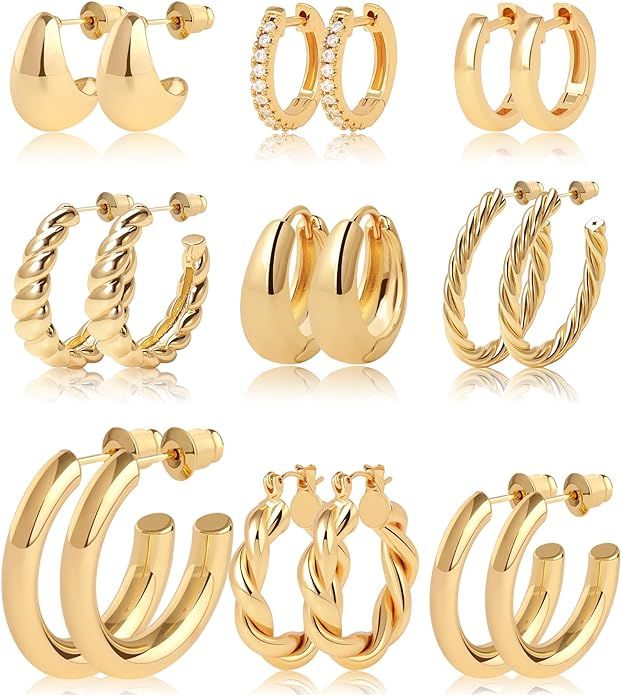 9 Pairs Gold Hoop Earrings for Women Chunky Twisted Huggie Hoops Earrings Set 14K Real Gold Plate... | Amazon (US)