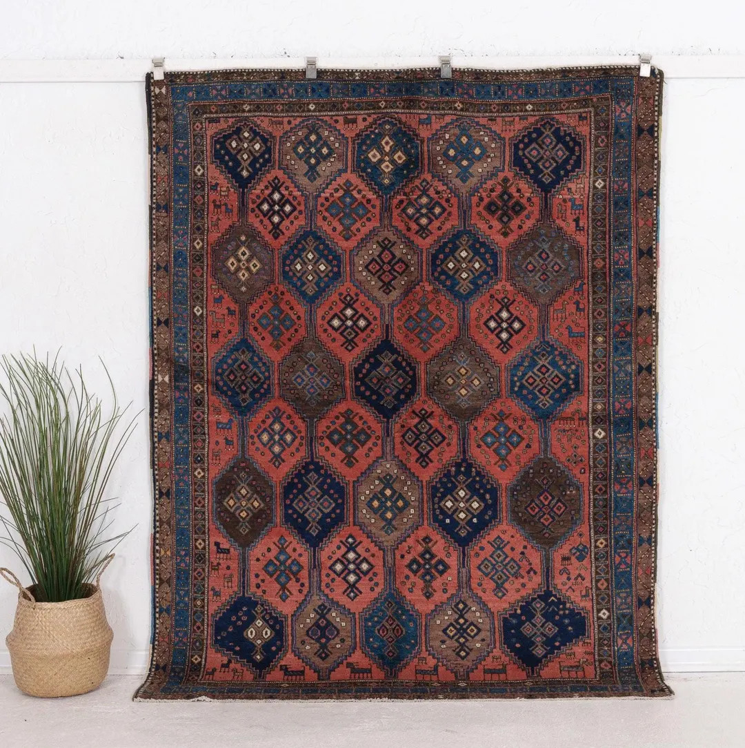Vintage Wool Rug 5x7, Handwoven | Pink Navy Blue Antique Persian Style Area 1930s, Kitchen Hallwa... | Etsy (US)