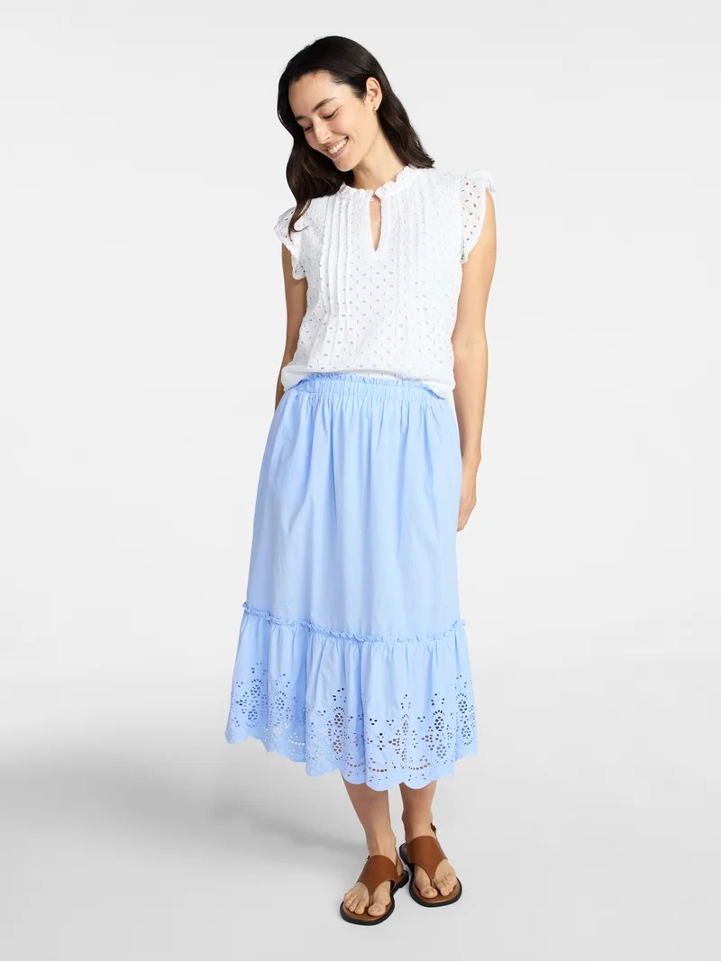 Time and Tru Women's Cotton Eyelet Top with Short Flutter Sleeves, Sizes XS-XXXL | Walmart (US)