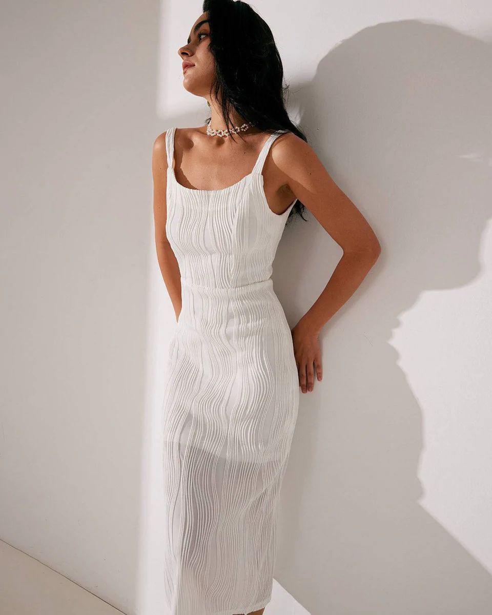 The Water Ripple Textured White Backless Midi Dress & Reviews - White - Dresses | RIHOAS | rihoas.com
