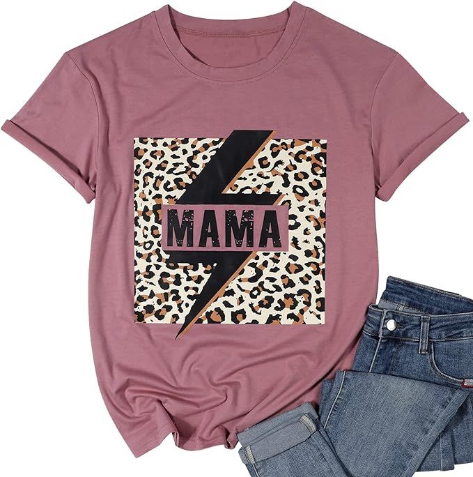 Mama Leopard Print T Shirt Women Mom Graphic Tops Tees Cute Mother Gifts Short Sleeve Shirts | Amazon (US)
