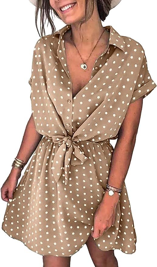 BTFBM Womens Dresses Cute Polka Dot Print Button Down Short Sleeve A-Line Elastic Waist Summer Ca... | Amazon (US)