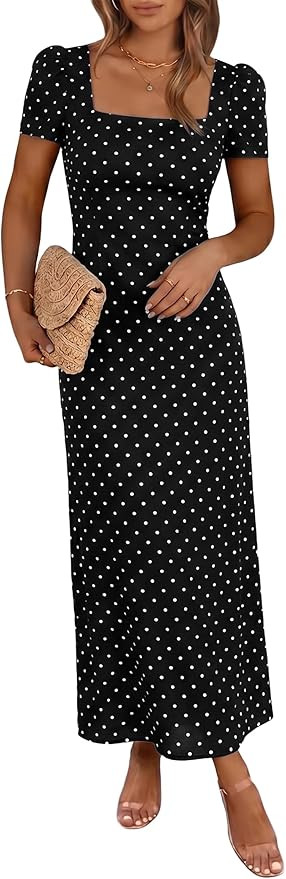 Womens Vintage Polka Dot Dress Square Neck Short Sleeve Midi Dress Maxi A-Line Dresses for Work &... | Amazon (US)