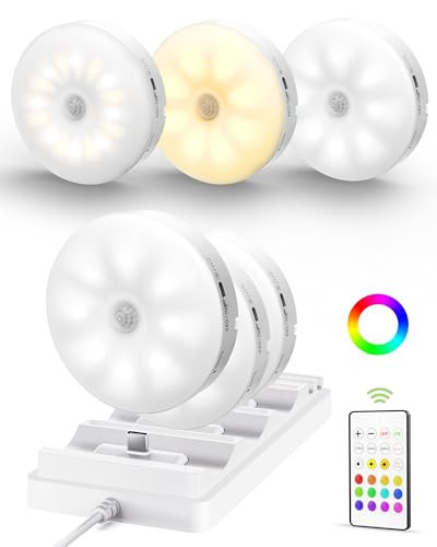 EZVALO Under Cabinet Lighting with Charging Station,1000mAh Rechargeable Puck Lights with Remote, 3 Color Temps & 12 RGB Closet Lights, Dimmable Motion Sensor Lights for Shelf, Kitchen (6 Packs) | Amazon (US)