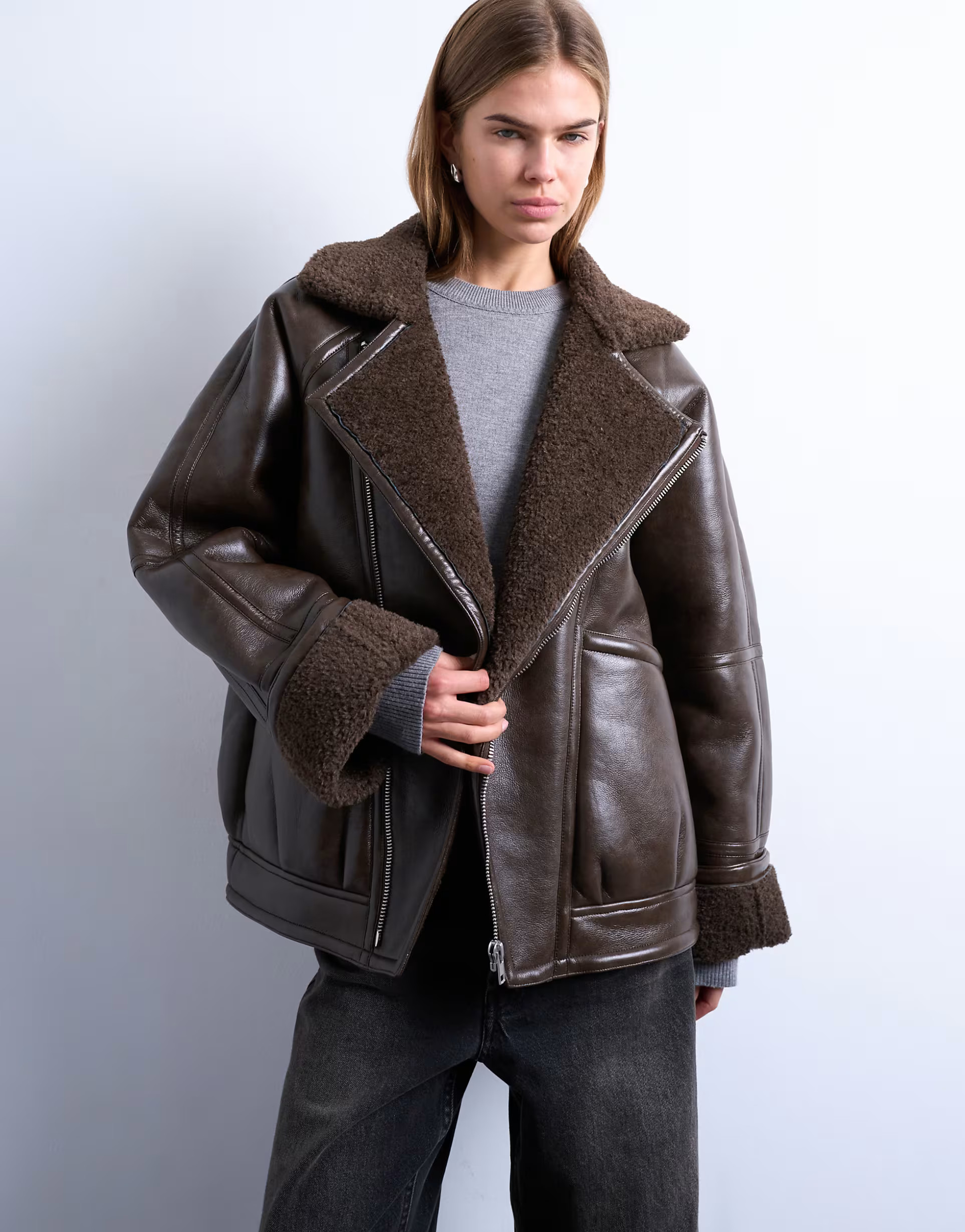 Topshop vintage wash shearling aviator bomber in chocolate | ASOS (Global)