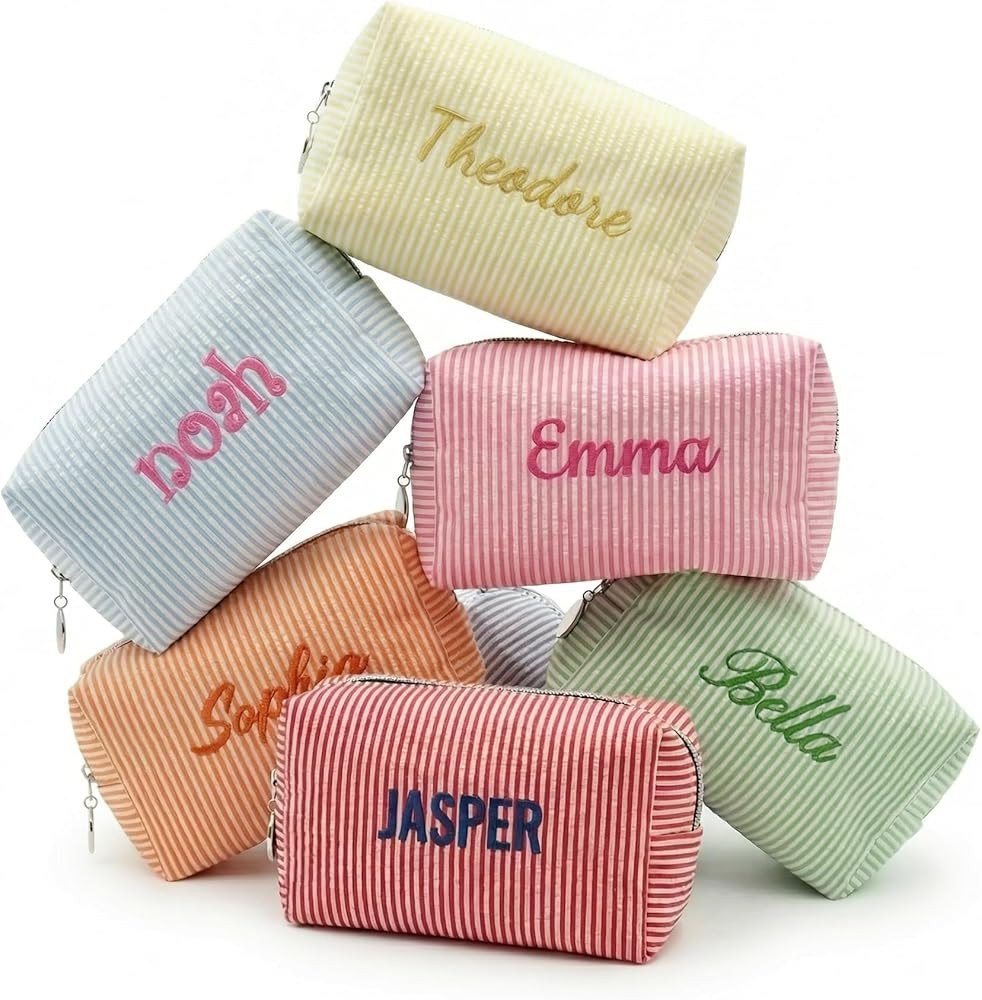 Personalized Seersucker Cosmetic Bag - Custom Embroidered Name with Cute Icons - Monogrammed Cott... | Amazon (US)