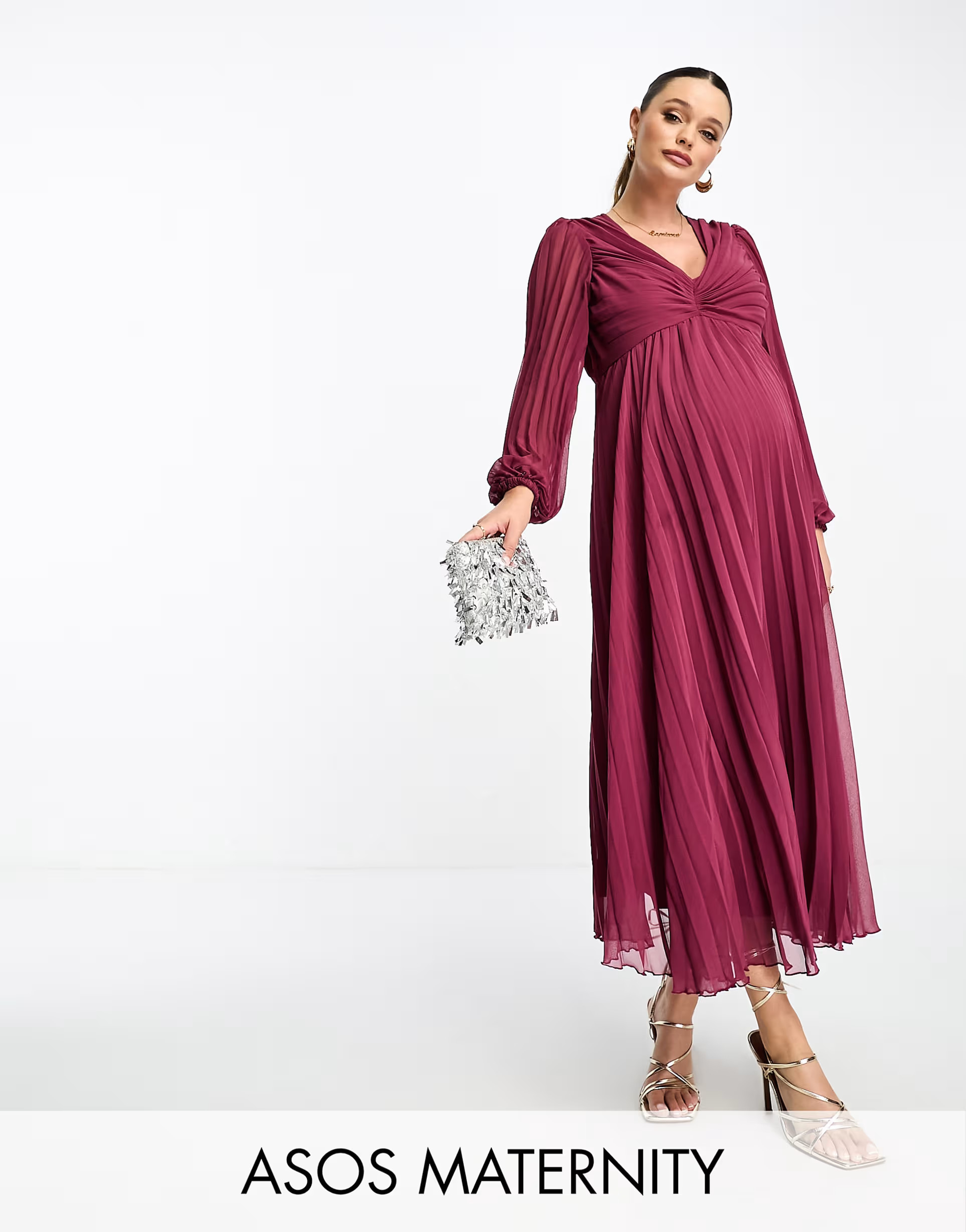 ASOS DESIGN Maternity - Vestito midi bordeaux a pieghe con scollo profondo e dettaglio con corpin... | ASOS (Global)