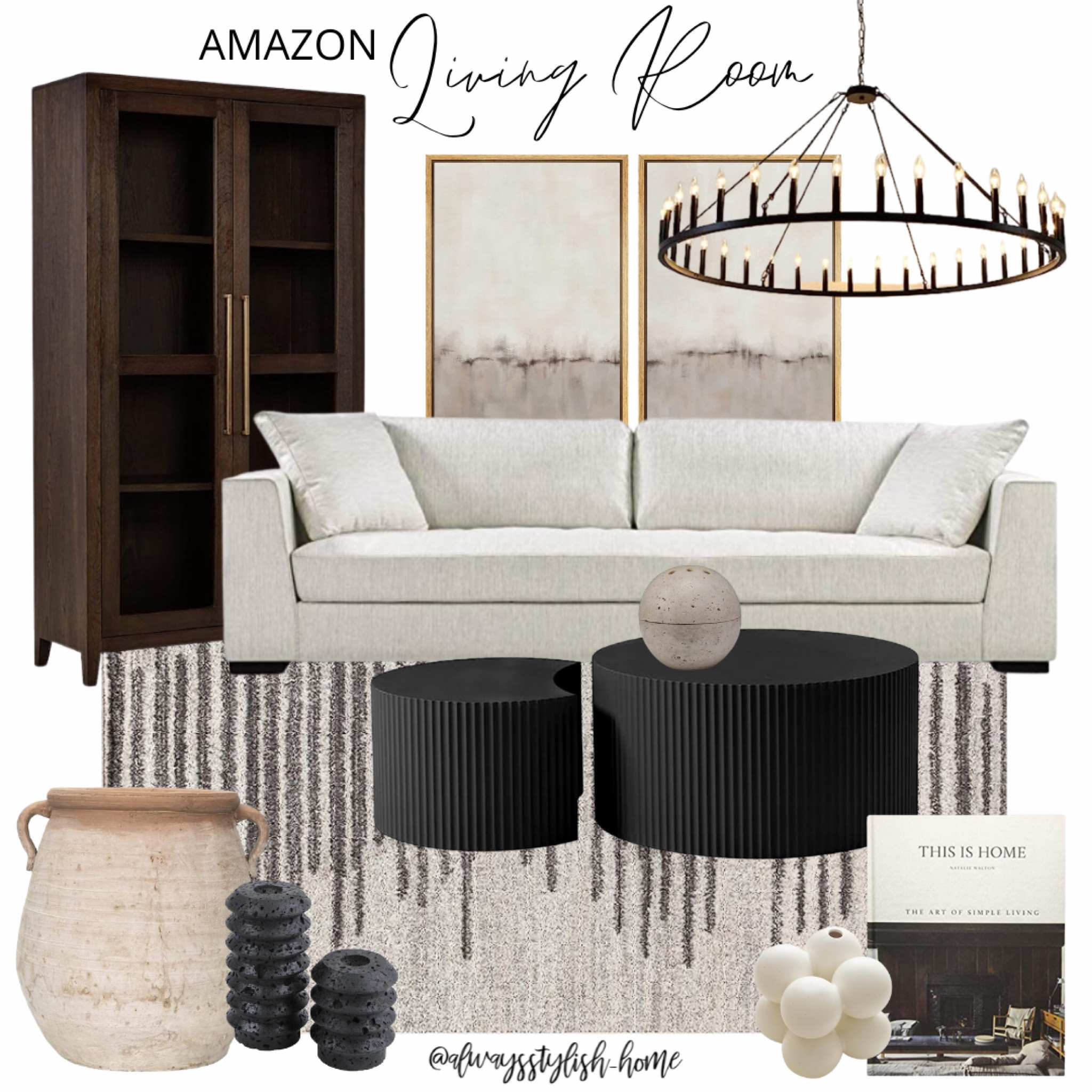 Amazon living room inspo, home decor, wood cabinet, cream sofa, wagon wheel modern chandelier, black cream rug, artisan vase, black travertine candle holders, coffee table book, black fluted ribbed coffee table, neutral wall art, Incense burner, bubble cube vase

#LTKhome