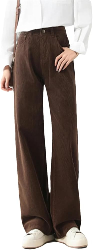 Corduroy Pants for Woman High Waisted Straight Brown Casual Pants Korean Full Length Trousers | Amazon (US)