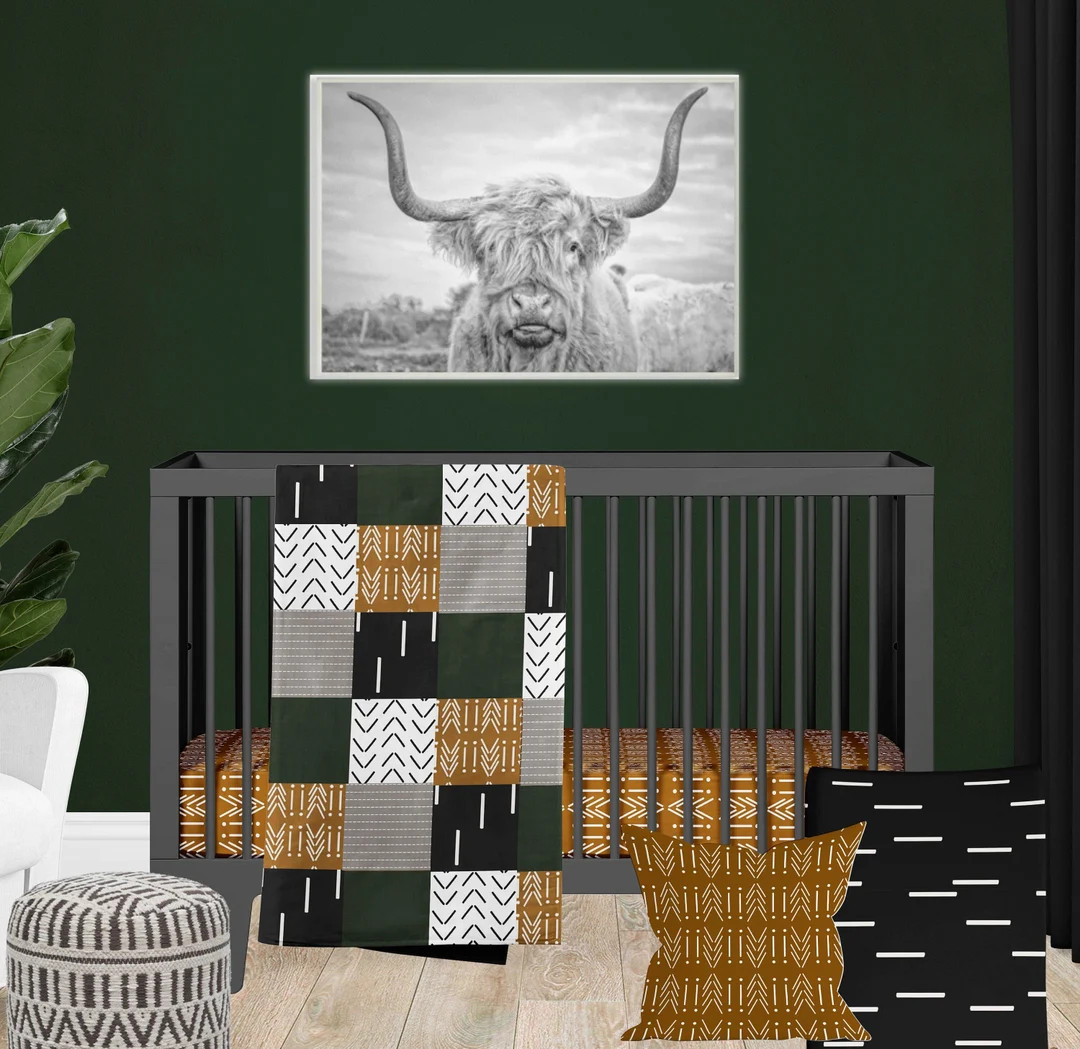 Boho Crib Bedding Set, Nursery Baby Boy Bedding, Gold Black Gray and Dark Green Crib Bedding - Et... | Etsy (US)