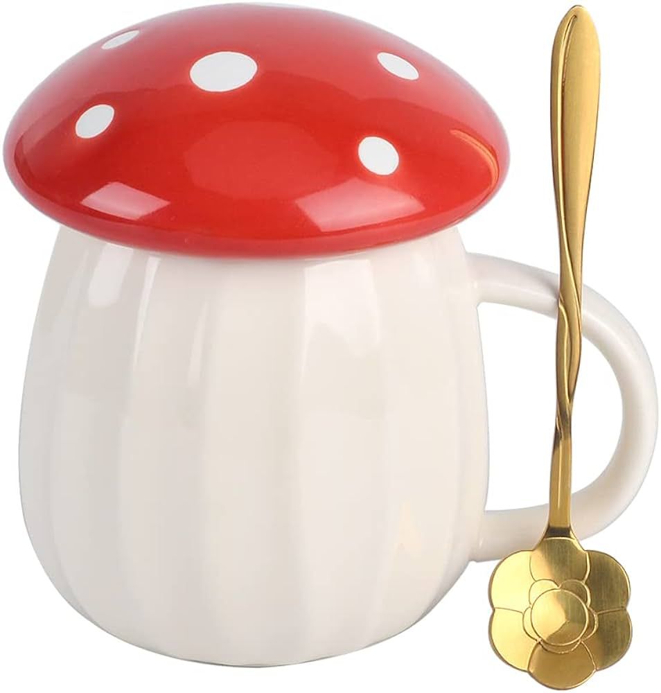 XinHuiGY Mushroom Mug, Cute Coffee Mug with Lid and Flower Spoon, Kawaii Mushroom Tea Cup, 250ml/... | Amazon (US)