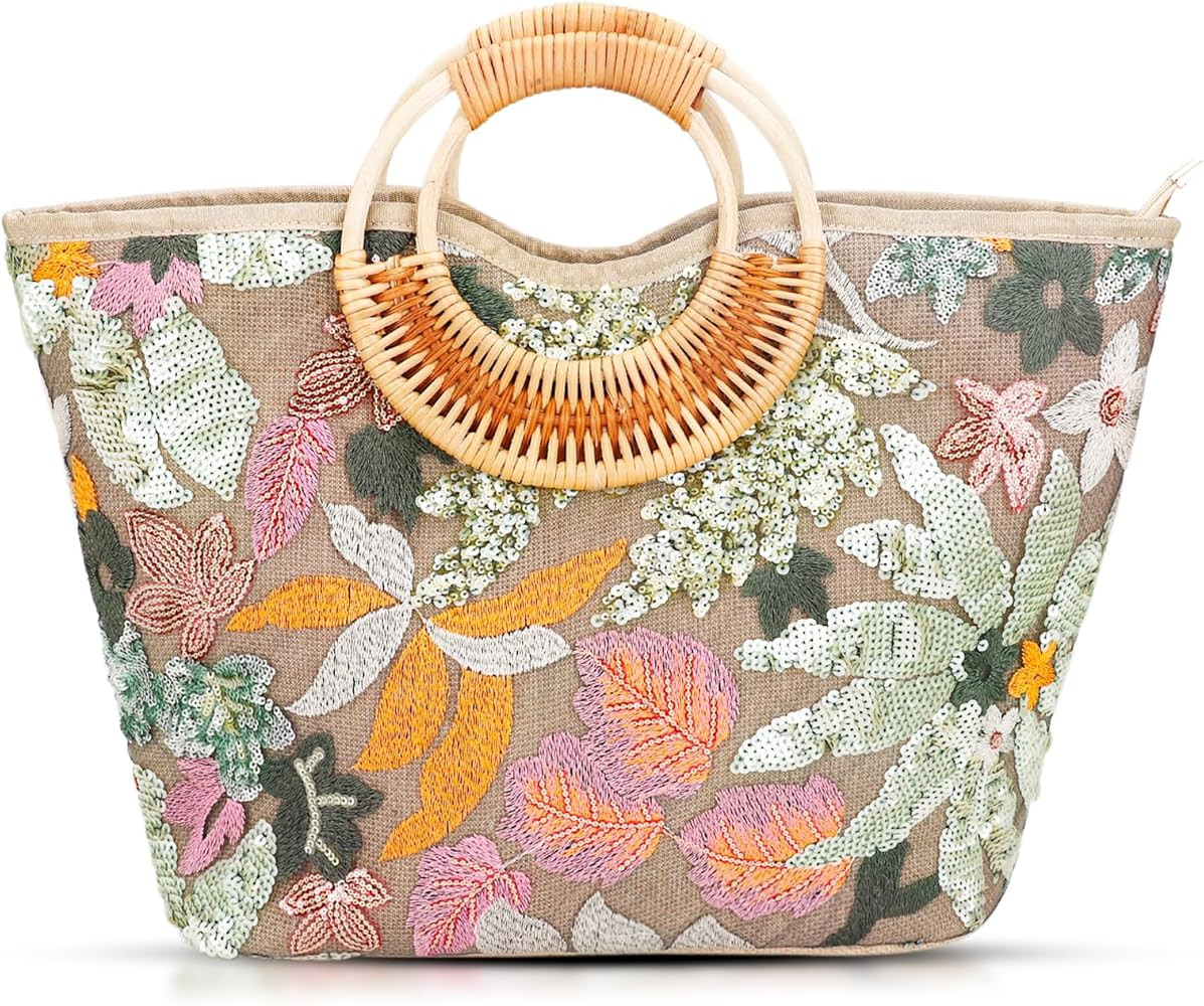Tote Bag for Women, Beach Bag, Sequin Embroidery Straw Bag, Hand-Woven Rounded Bamboo Handle, Boh... | Amazon (US)