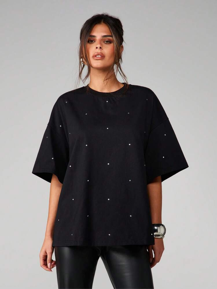 MISSGUIDED Oversized Rhinestone Embellished Short Sleeve Crew Neck Cotton Tee For Spring Summer C... | SHEIN