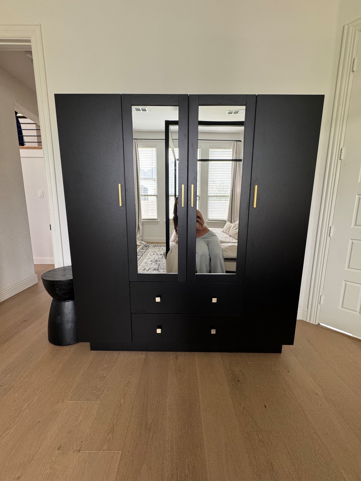 Wardrobe armoire 4 door black modern organic closet storage with drawers and shelves 
#ltkhome #ltkfurniture #shein #modernhome 
