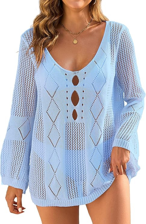 Womens Summer Crochet Swimsuit Coverup Sexy Crew Neck Long Sleeve Mesh Knit Bikini Cover Ups Beac... | Amazon (US)