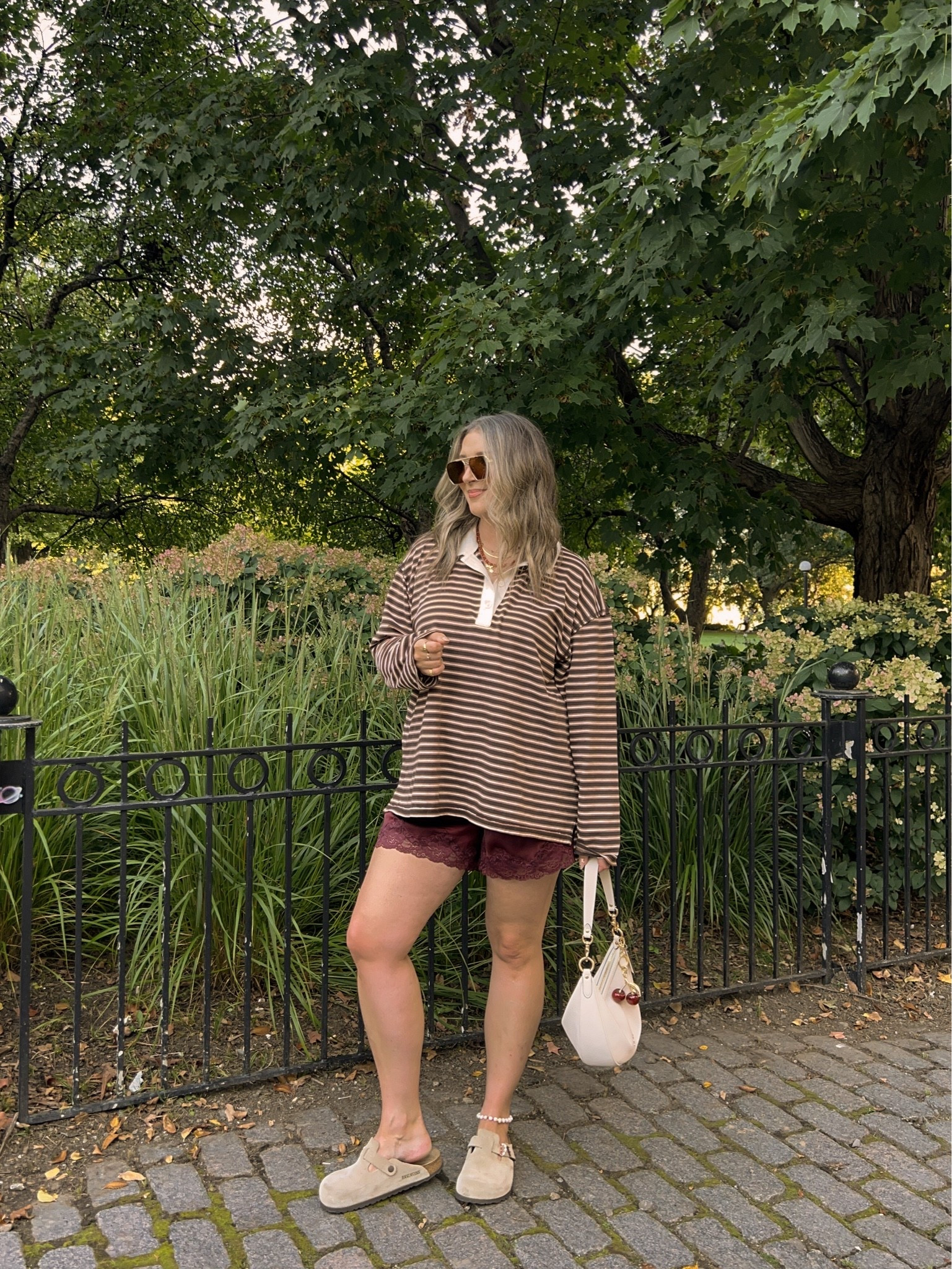 Fall ootd! Wearing L in the striped polo top and M in the lace shorts. I’m a 9.5-10 shoe and wear a 40 in the Birkenstock clogs

#LTKsale #LTKmidsize #LTKfall